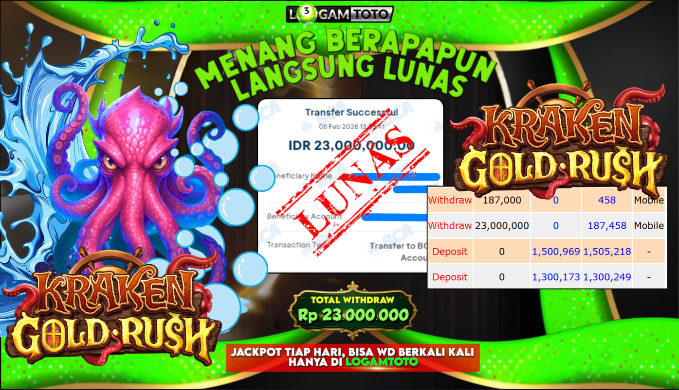SELAMAT KEPADA MEMBER SETIA LOGAMTOTO BERHASIL JACKPOT 23.000.000 di SLOT KRAKEN GOLD RUSH
