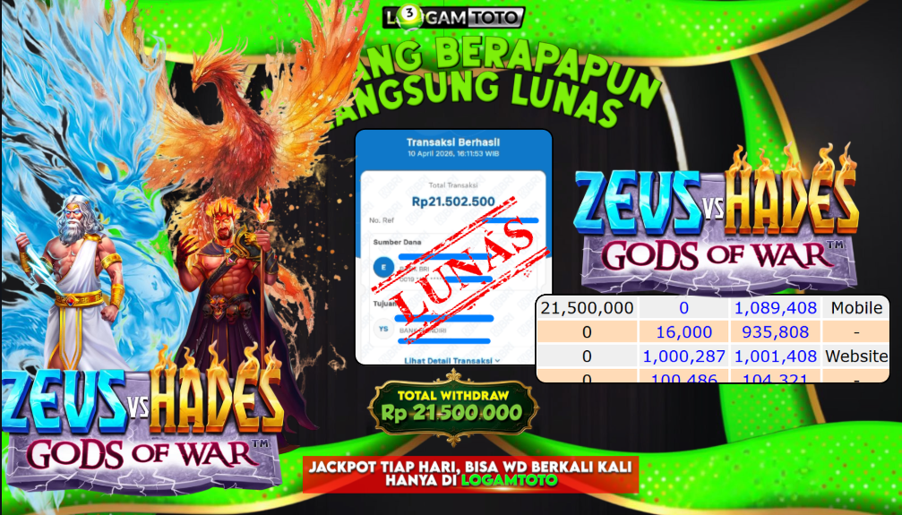 SELAMAT KEPADA MEMBER SETIA LOGAMTOTO BERHASIL JACKPOT 21.500.000 di PERMAINAN ZEUS VS HADES GODS OF WAR